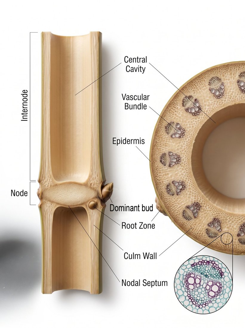 A cross-section of a bamboo culm showing the hollow central cavity, the ring of vascular bundles in the wall, and a node