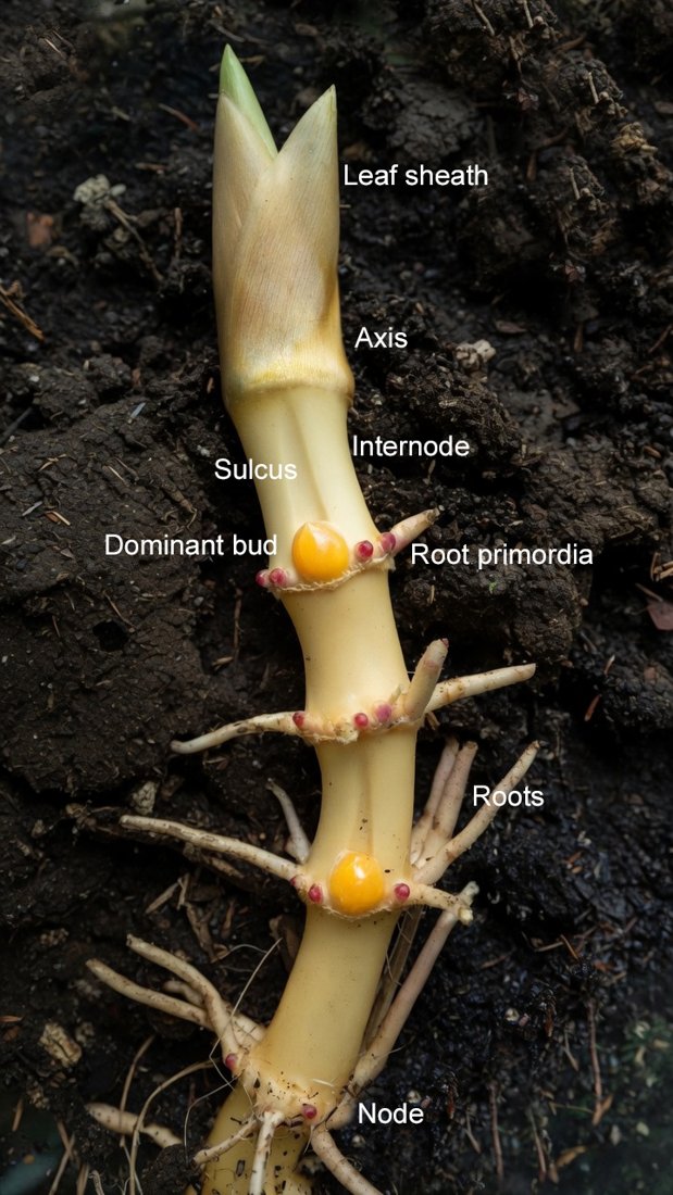 A pale bamboo rhizome showing dominant buds, root primordia, and nodes