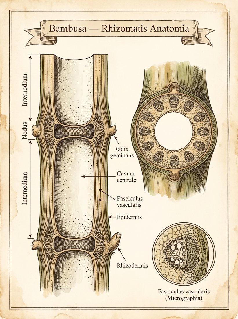 A vintage-style anatomical plate labeled Bambusa Rhizomatis Anatomia, showing node, internode, central cavity, vascular bundles, epidermis, and twin roots